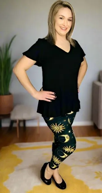 Womens Sun Moon Star Leggings, Soft Yoga Pants, Sizes 0-20, Yoga Waist, Blue/Yellow