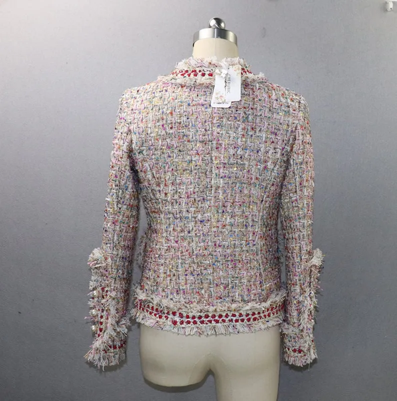 Womens Tassel Pearl Button Tweed Jacket Coat