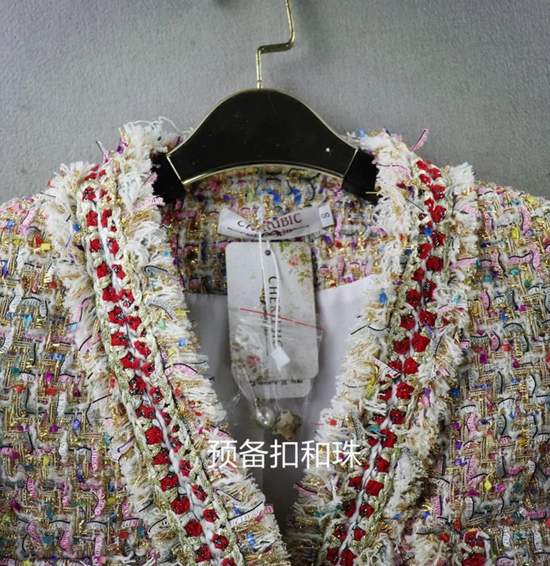 Womens Tassel Pearl Button Tweed Jacket Coat