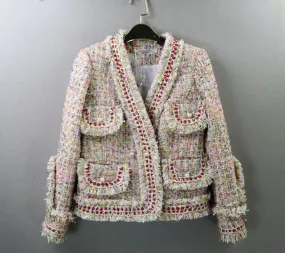 Womens Tassel Pearl Button Tweed Jacket Coat