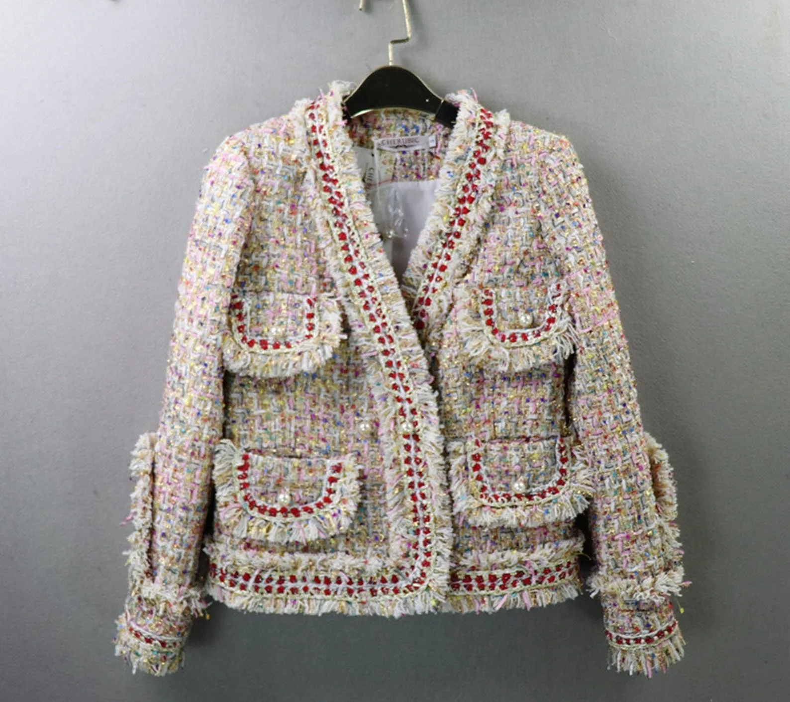 Womens Tassel Pearl Button Tweed Jacket Coat