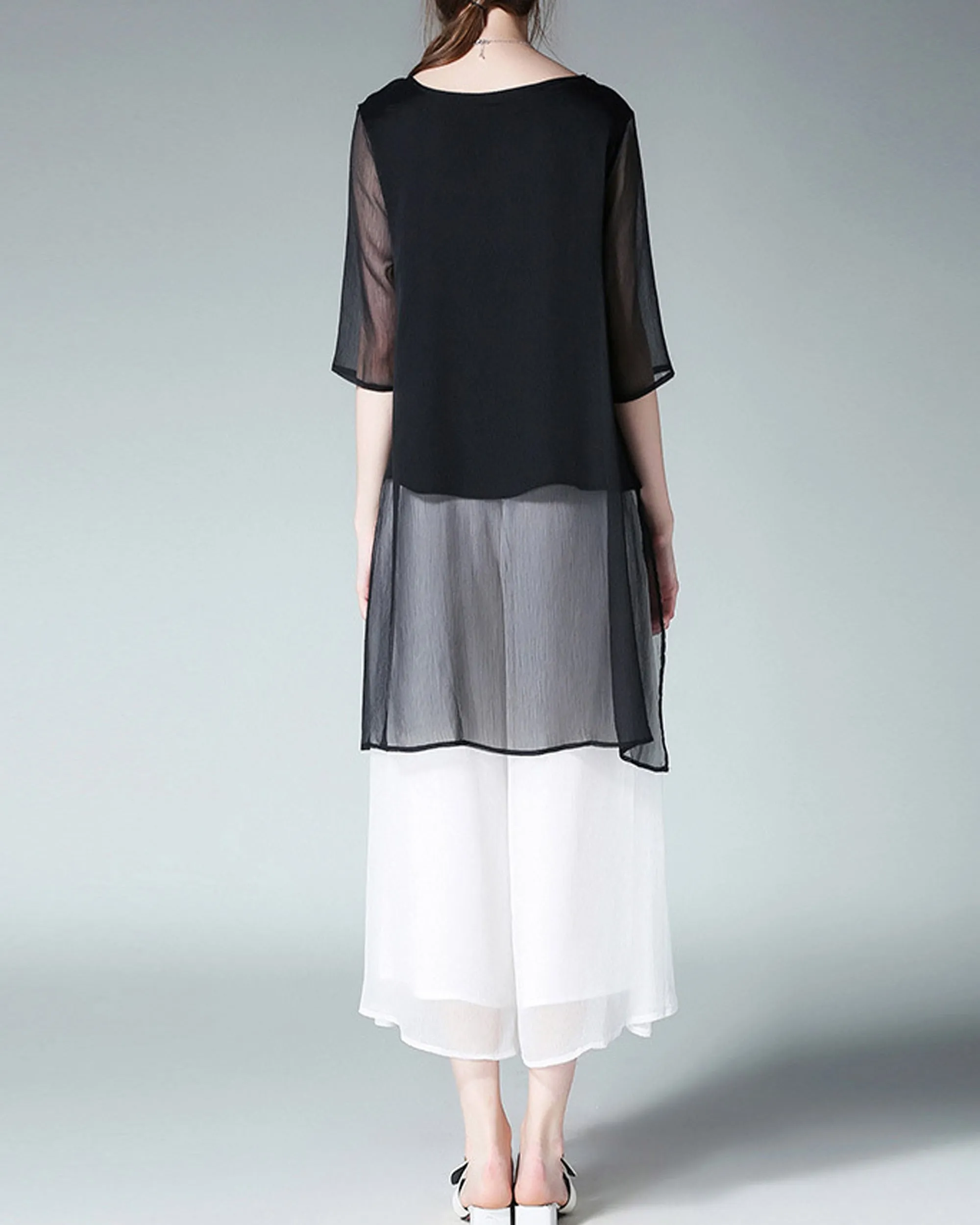 Women's white blouse/asymmetrical chiffon tunic top/oversized black t-shirt/short sleeve top(Y1931)