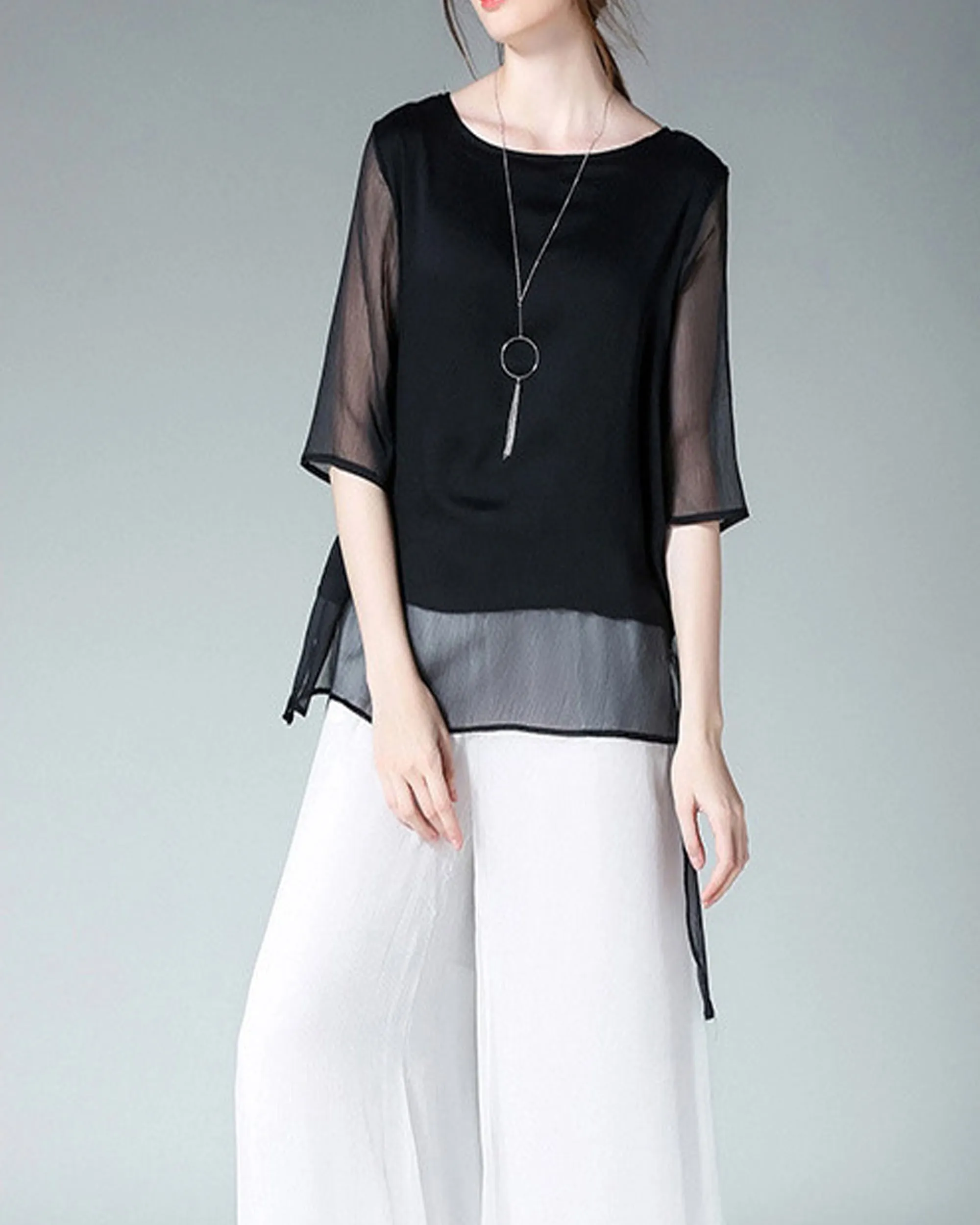 Women's white blouse/asymmetrical chiffon tunic top/oversized black t-shirt/short sleeve top(Y1931)