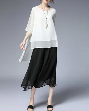 Women's white blouse/asymmetrical chiffon tunic top/oversized black t-shirt/short sleeve top(Y1931)