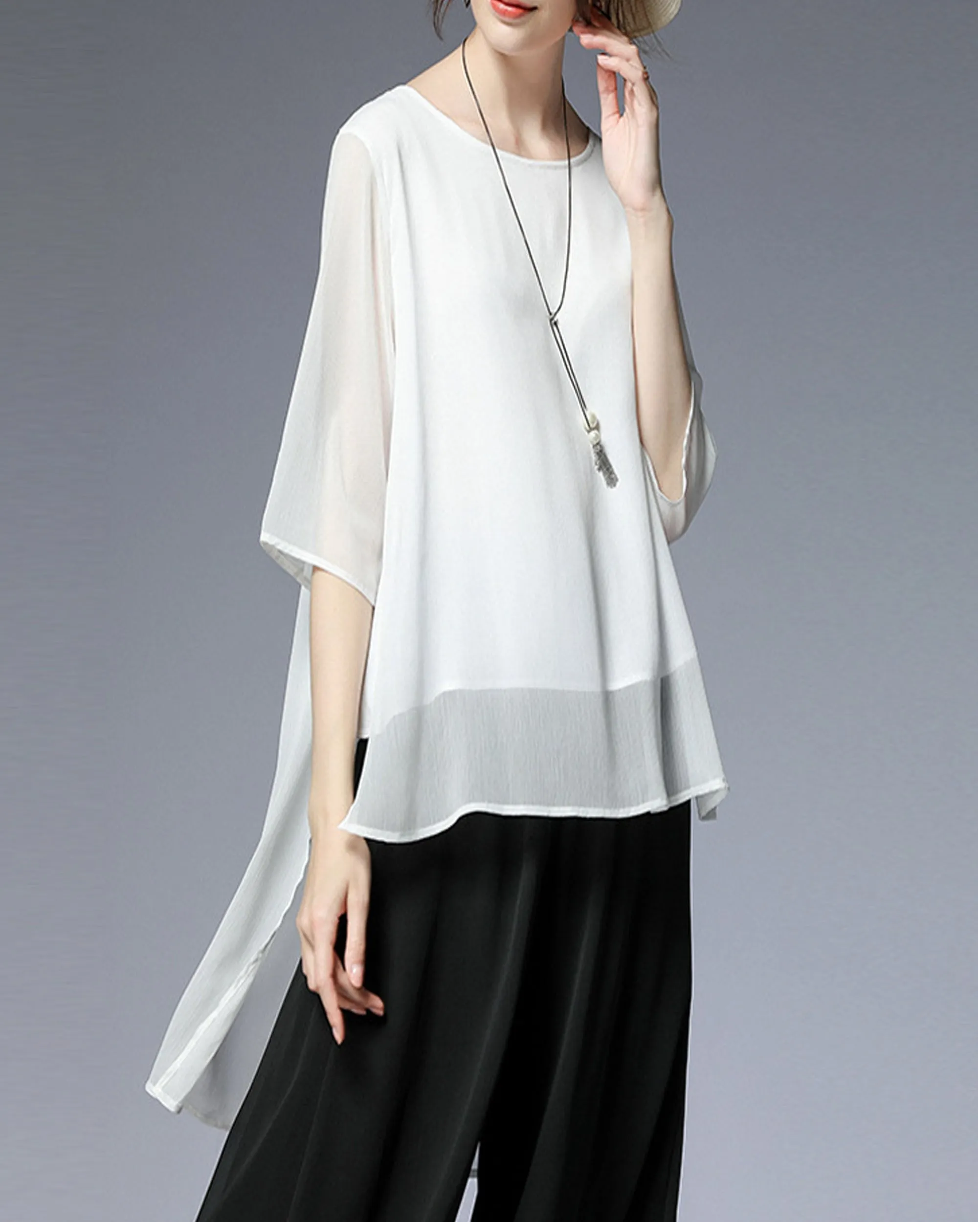 Women's white blouse/asymmetrical chiffon tunic top/oversized black t-shirt/short sleeve top(Y1931)