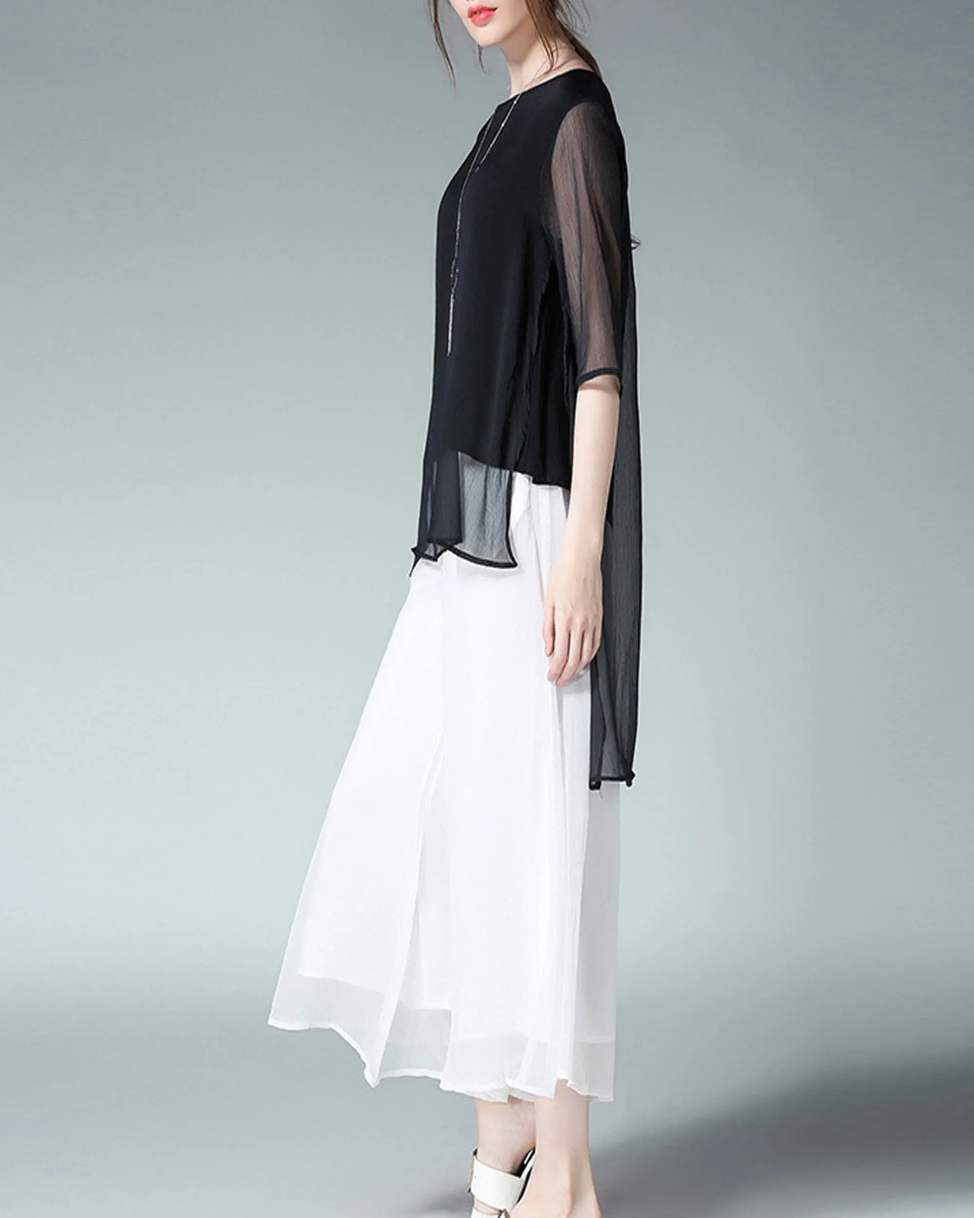 Women's white blouse/asymmetrical chiffon tunic top/oversized black t-shirt/short sleeve top(Y1931)