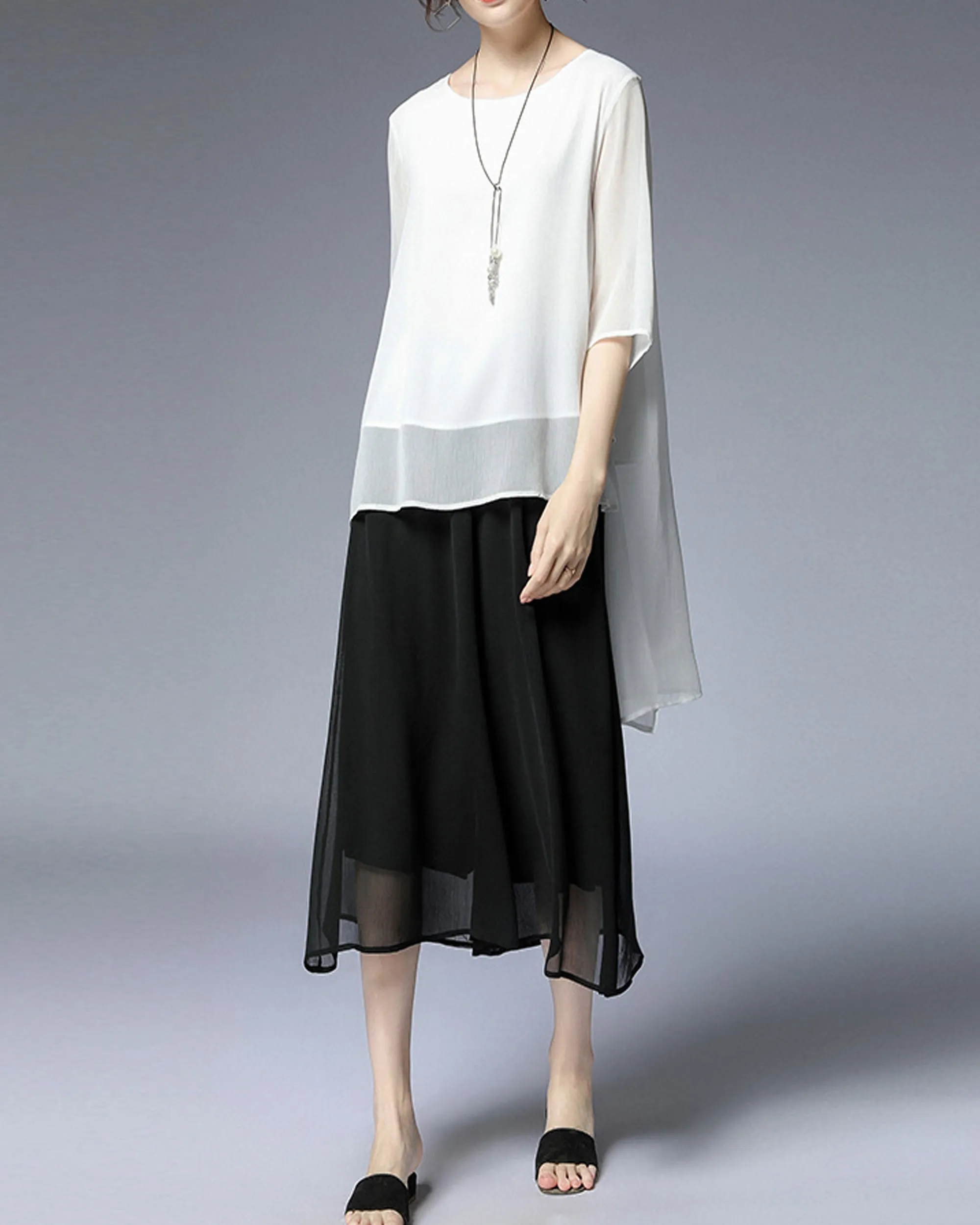 Women's white blouse/asymmetrical chiffon tunic top/oversized black t-shirt/short sleeve top(Y1931)